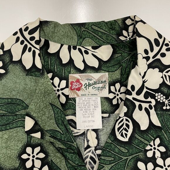 Hilo Hattie Men’s Hawaiian Shirt Green White Hibiscus Print Button Up Size Large - Picture 3 of 6